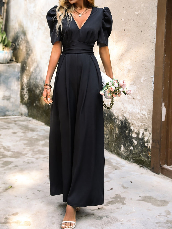 V-Neck Short Sleeve Wide Leg Jumpsuit