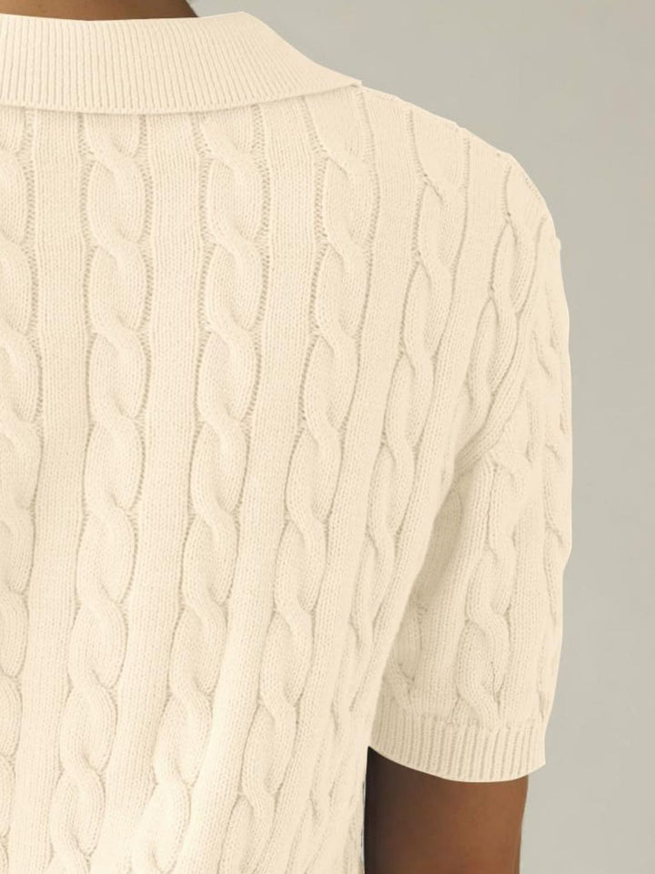 Cable-Knit Collared Neck Half Sleeve Sweater