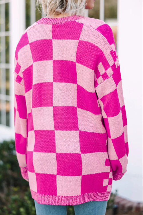 Checkered Open Front Long Sleeve Cardigan