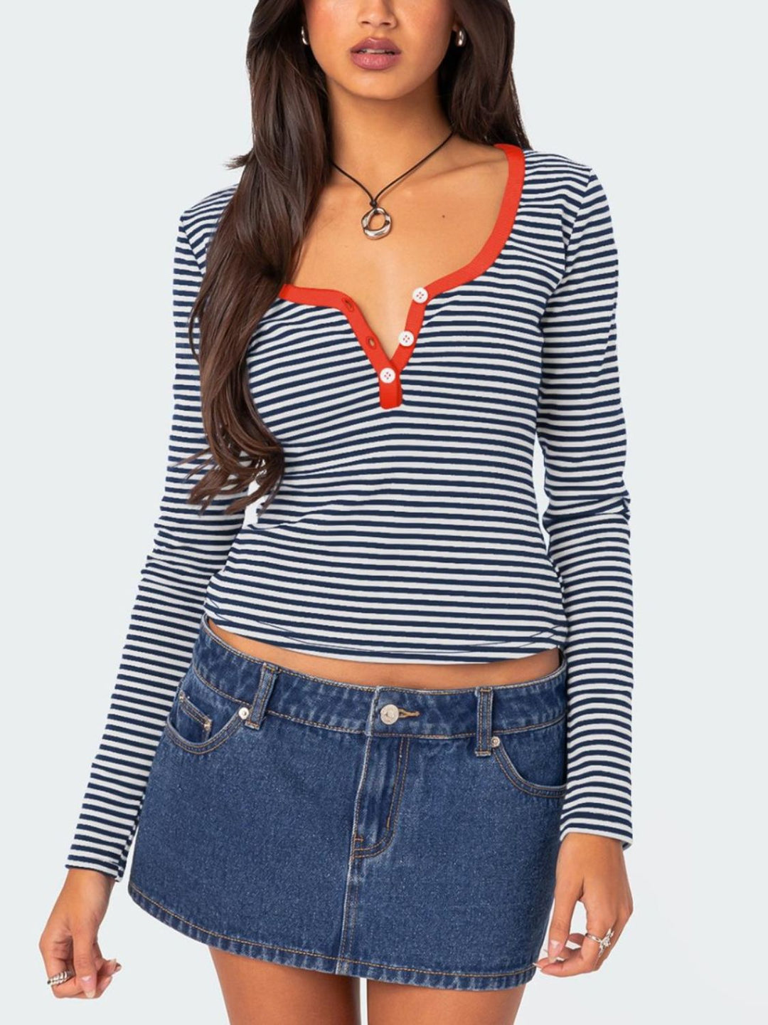 Buttoned Striped Long Sleeve T-Shirt