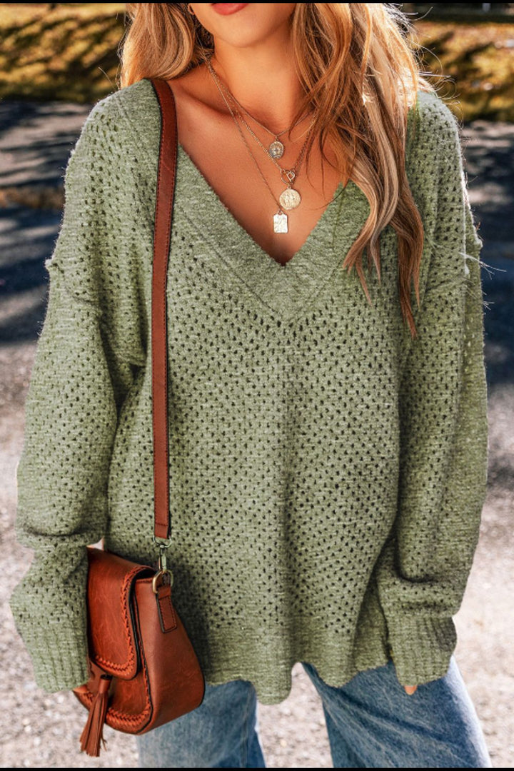 V-Neck Dropped Shoulder Long Sleeve Sweater