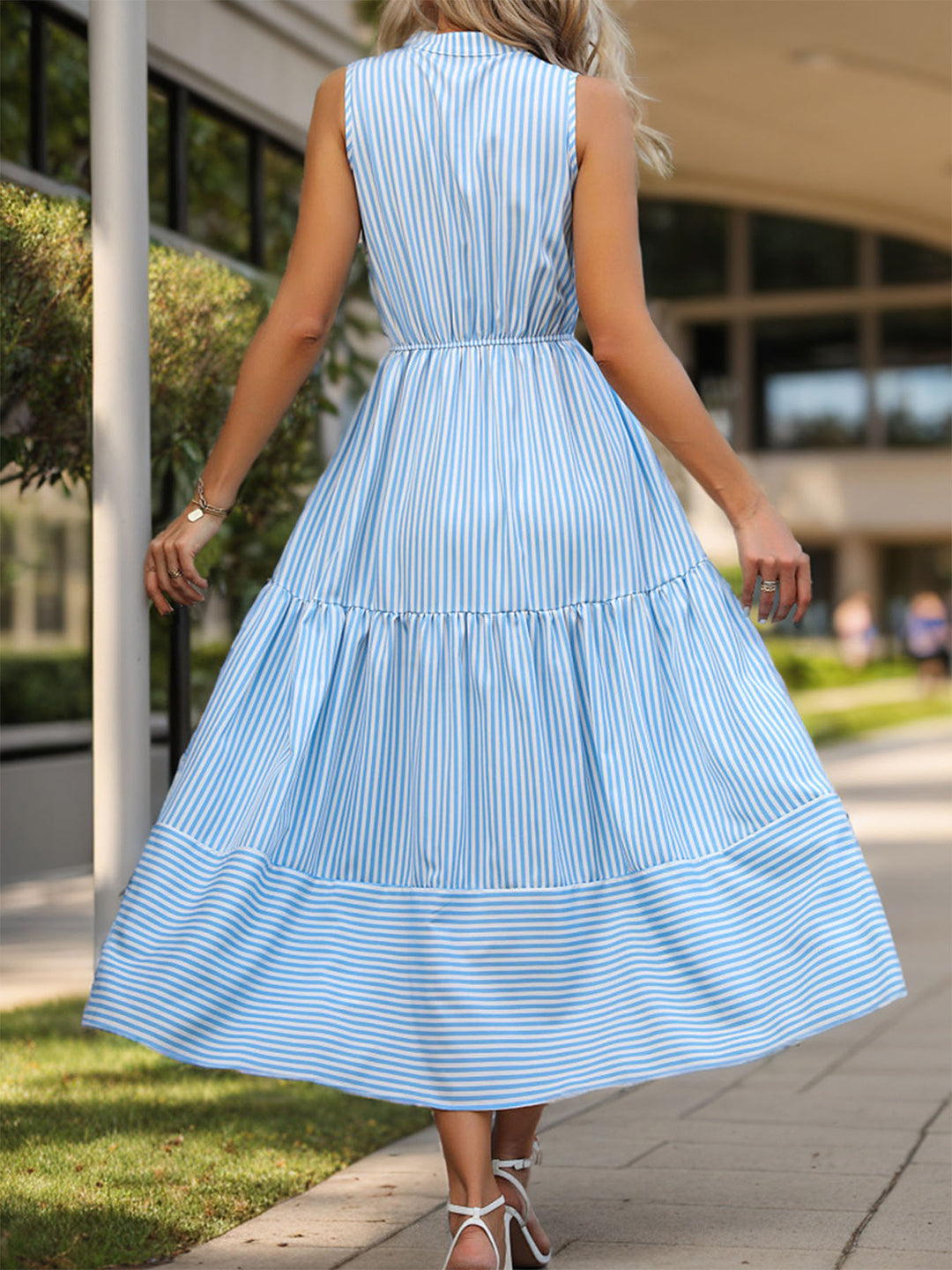 Striped Notched Sleeveless Midi Dress