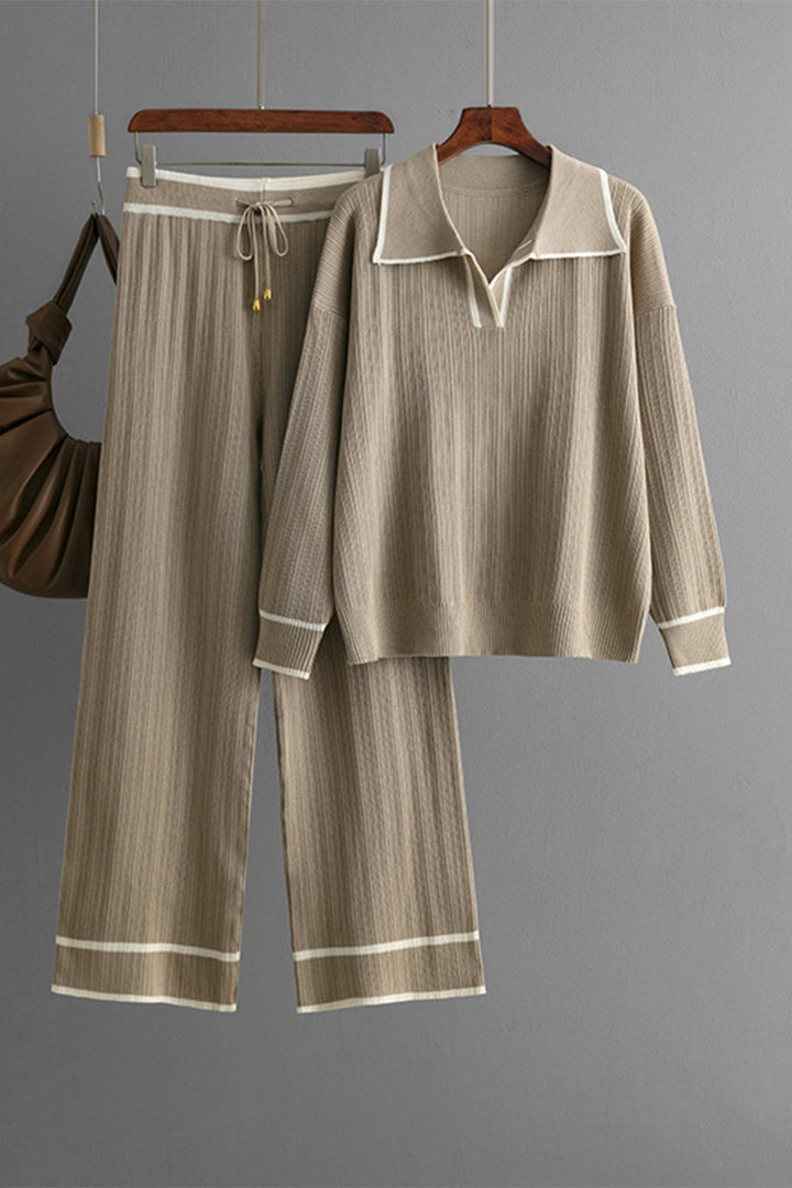 Contrast Trim Johnny Collar Top and Drawstring Pants Sweater Set