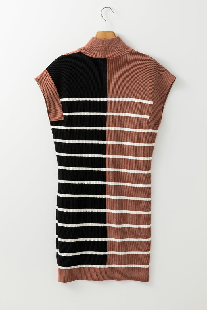 Striped Quarter Zip Cap Sleeve Sweater Dress