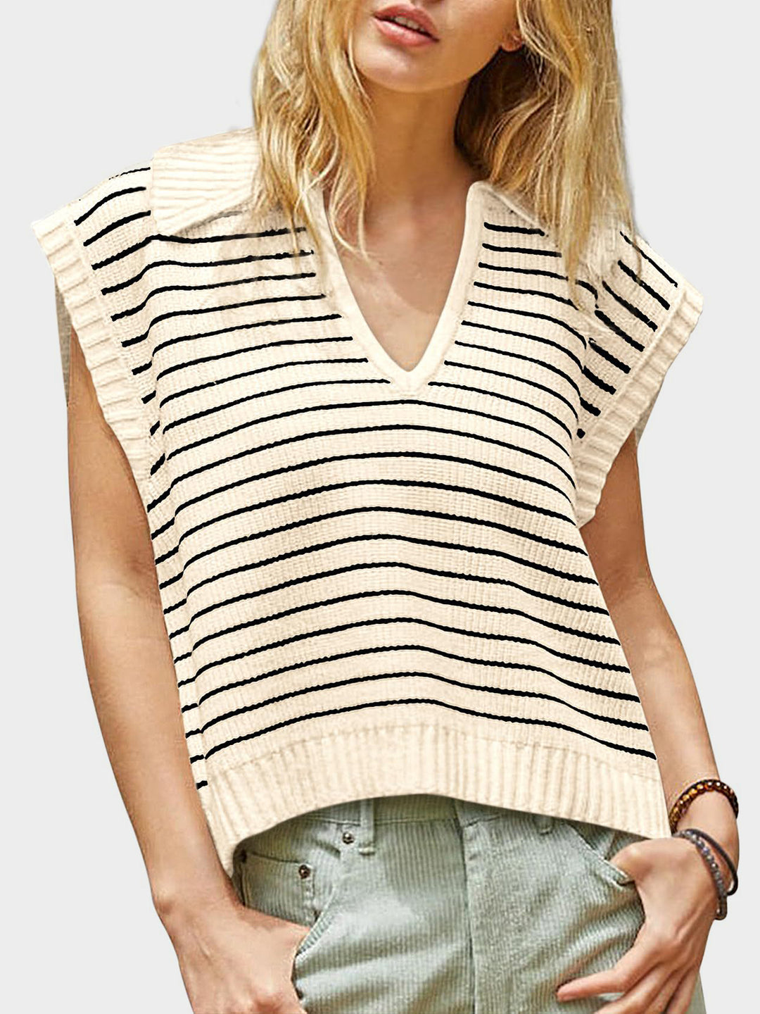 Mandy Collared Neck Striped Sweater Vest