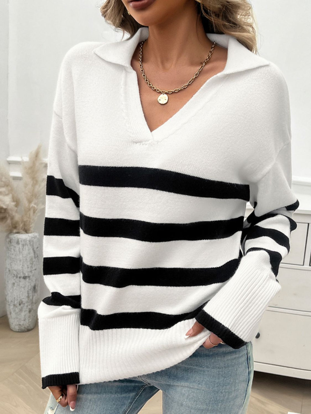 Striped Collared Neck Long Sleeve Sweater