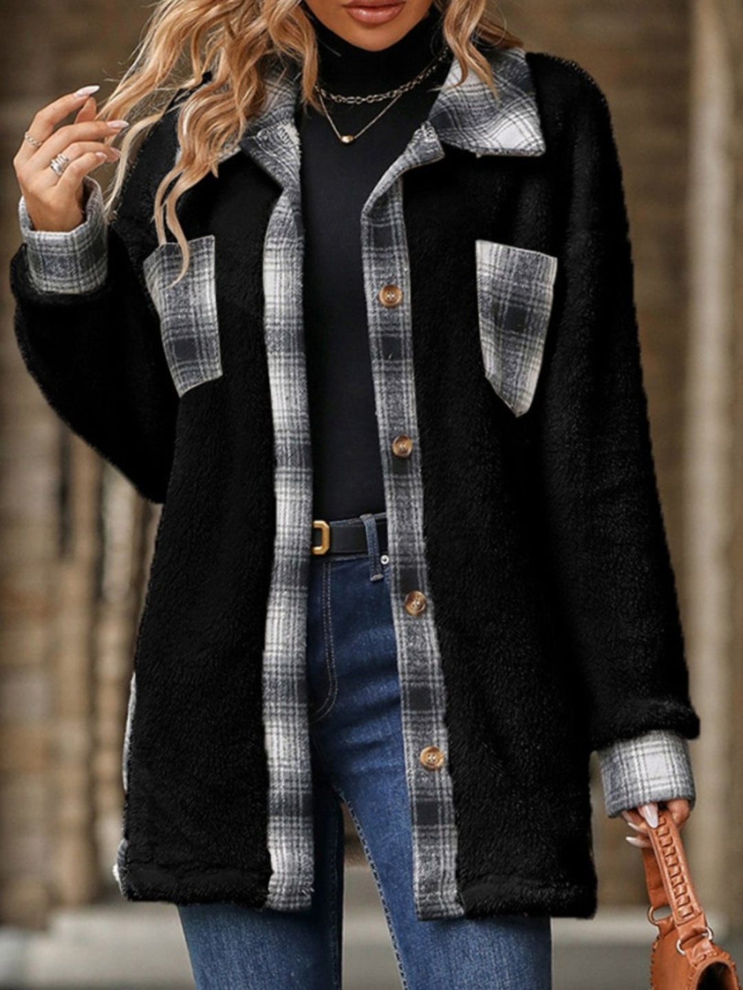 Plaid Button Up Long Sleeve Fuzzy Outerwear