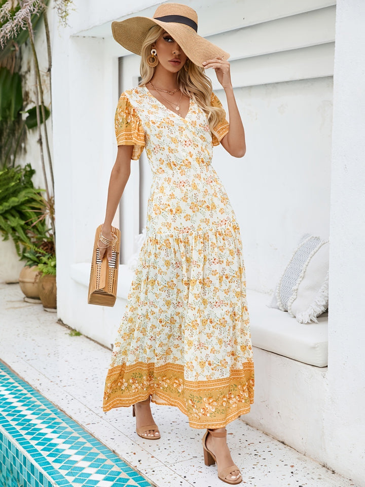 Printed Surplice Short Sleeve Maxi Dress