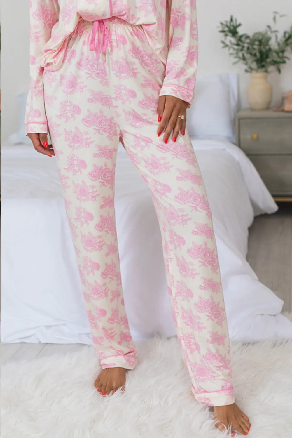 Printed Button Up Long Sleeve Top and Pants Lounge Set