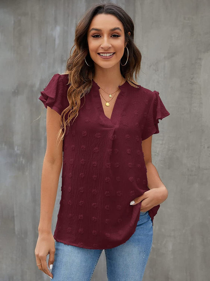 Swiss Dot Notched Flutter Sleeve Blouse