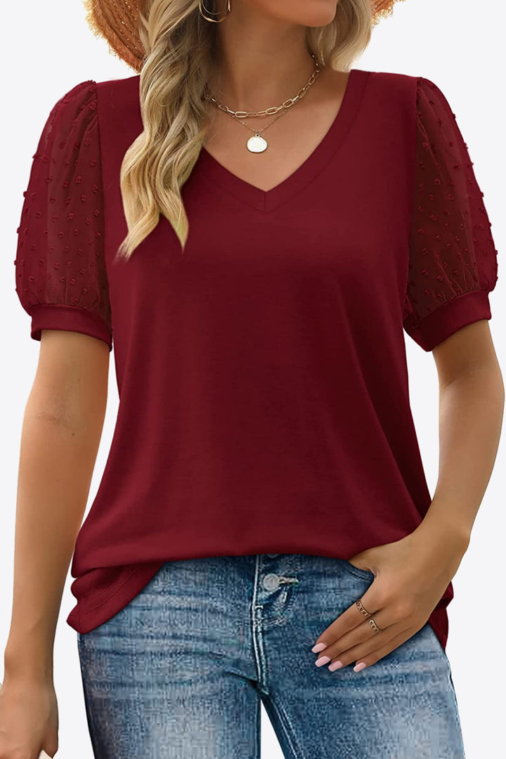 Swiss Dot Puff Sleeve V-Neck Tee