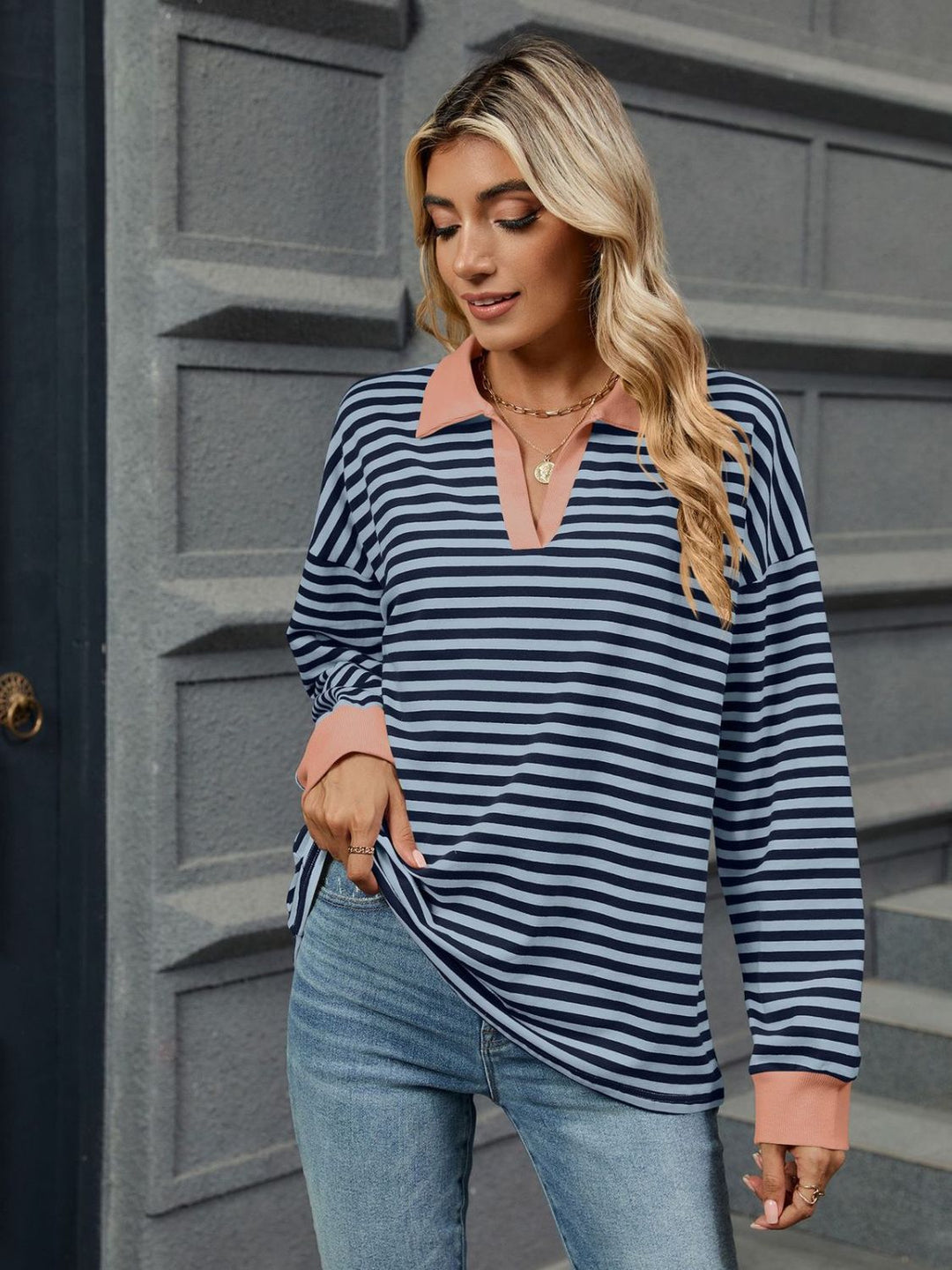 Striped Johnny Collar Long Sleeve Sweatshirt