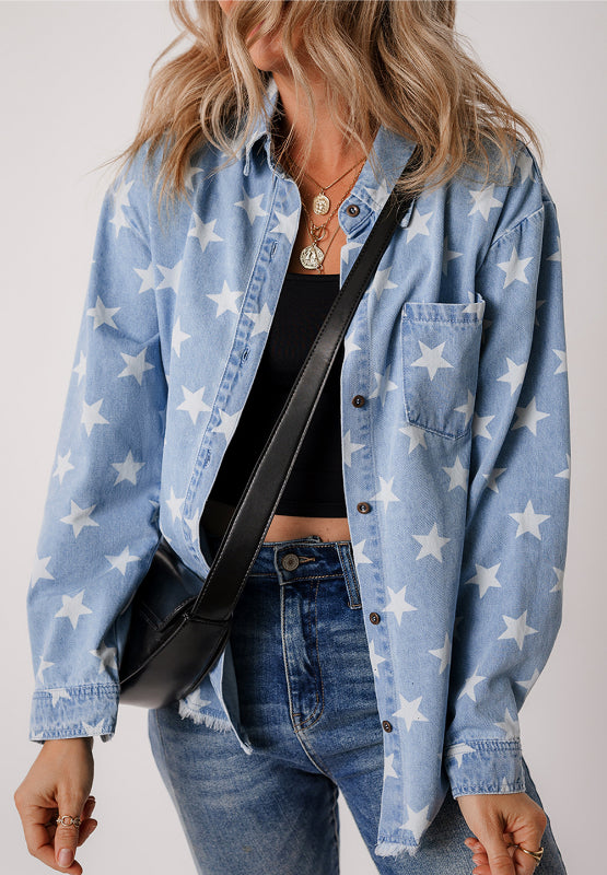 Raw Hem Star Collared Neck Denim Top