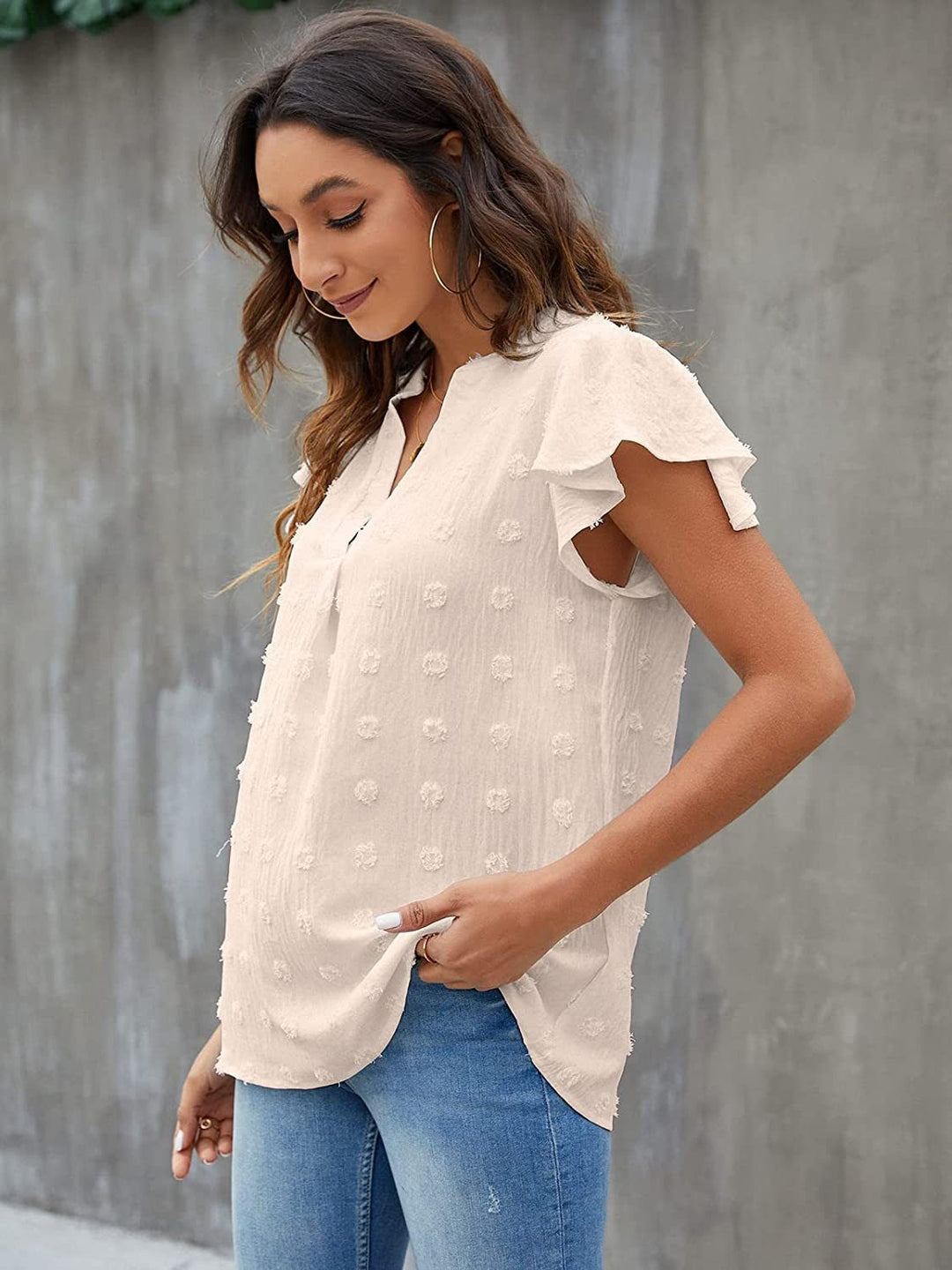 Swiss Dot Notched Flutter Sleeve Blouse