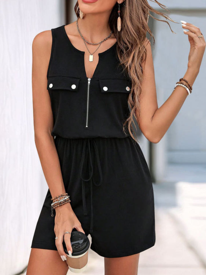 Perfee Drawstring Half Zip Sleeveless Romper