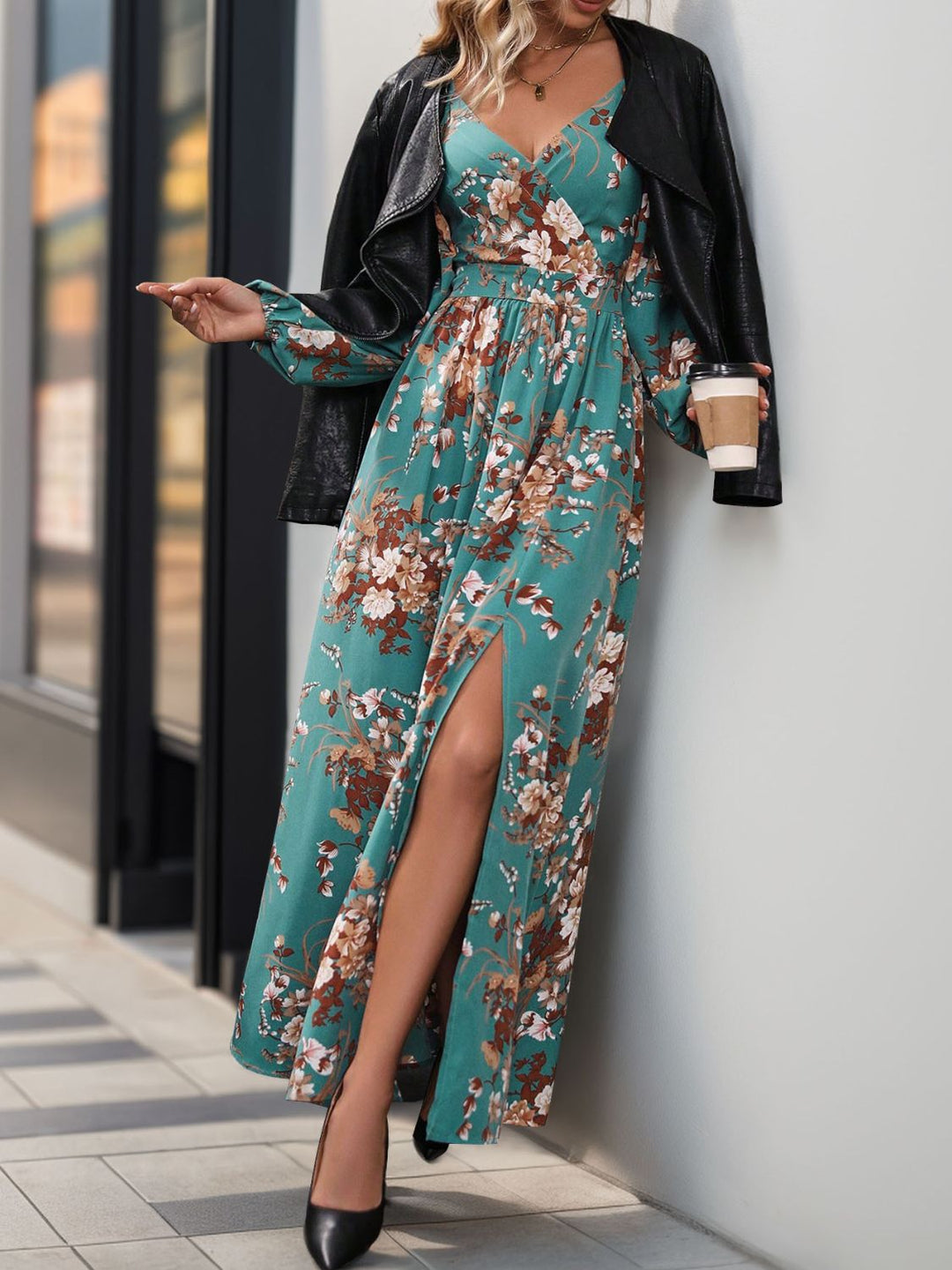 Slit Printed Surplice Long Sleeve Maxi Dress