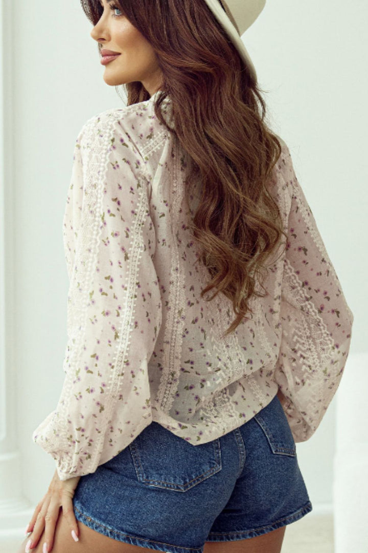 Frill Lace Detail Printed Tie Neck Long Sleeve Blouse