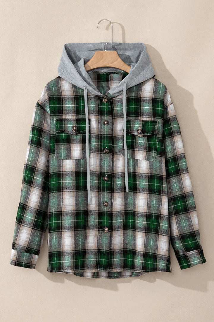 Drawstring Pocketed Plaid Hooded Jacket