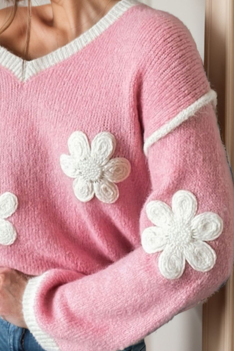Flower V-Neck Dropped Shoulder Sweater