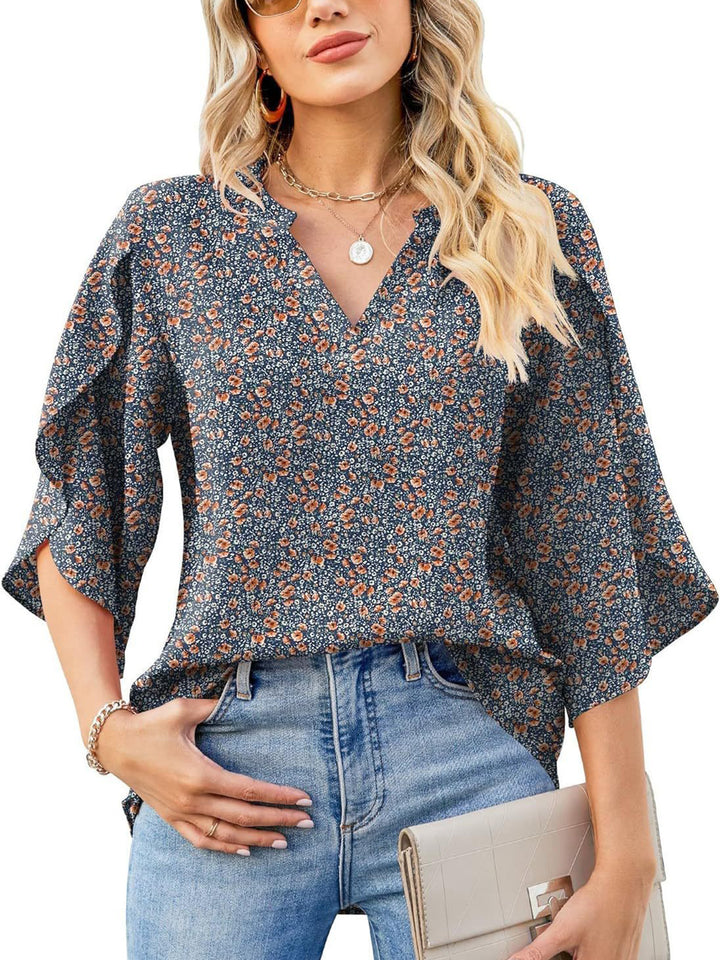 Printed Notched Half Sleeve Blouse