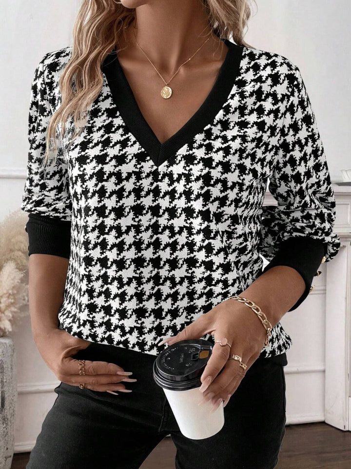 Houndstooth V-Neck Long Sleeve T-Shirt