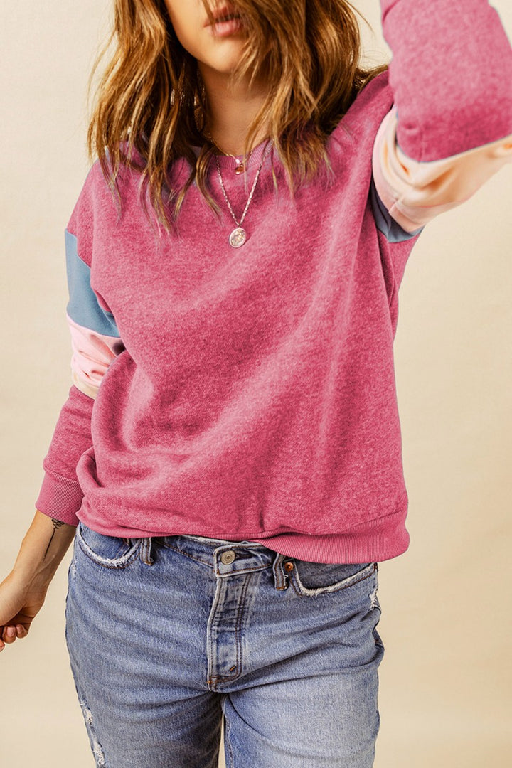 Color Block Round Neck Long Sleeve Sweatshirt