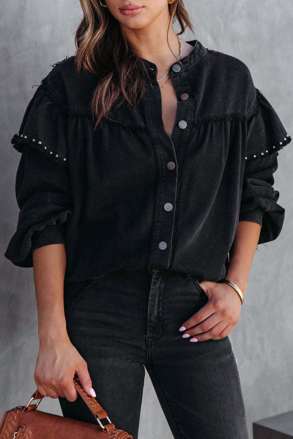 Studded Raw Hem Button Up Jacket