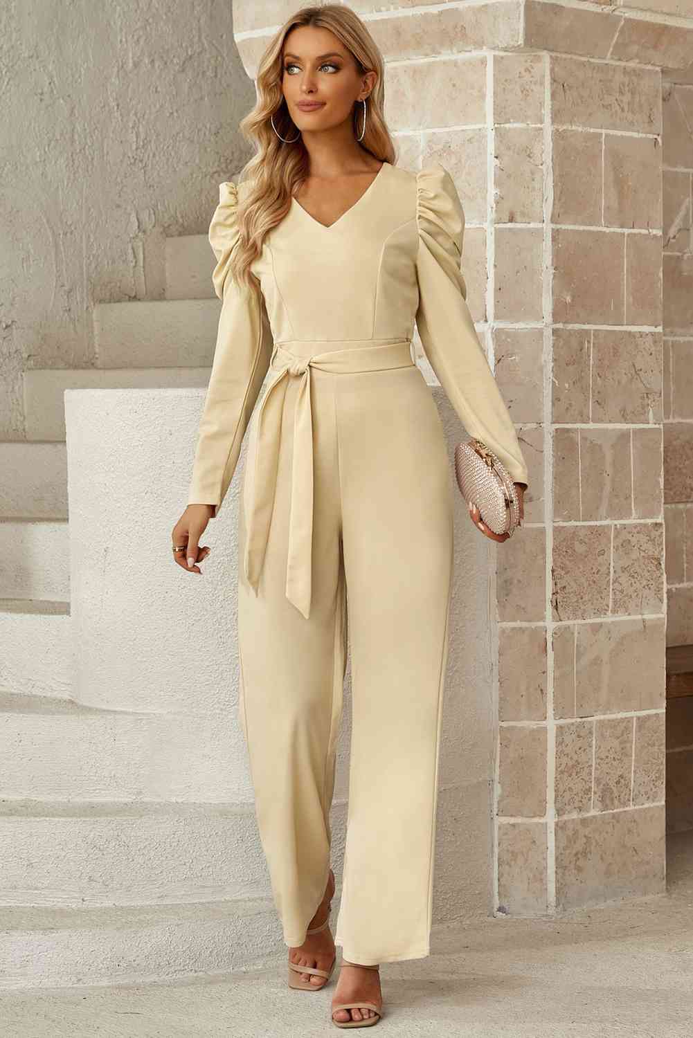 Belted Long Puff Sleeve V-Neck Jumpsuit