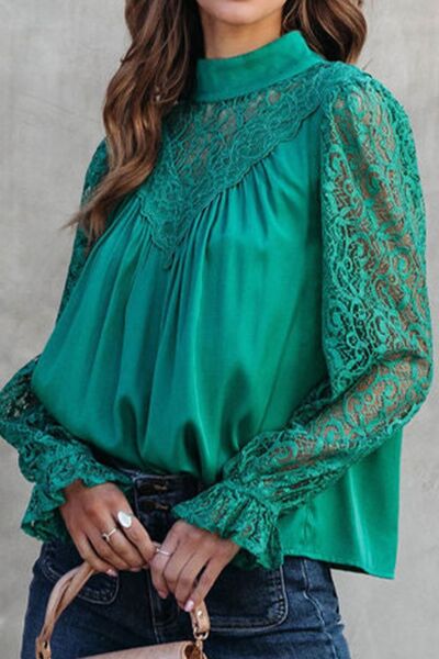 Lace Detail Mock Neck Flounce Sleeve Blouse