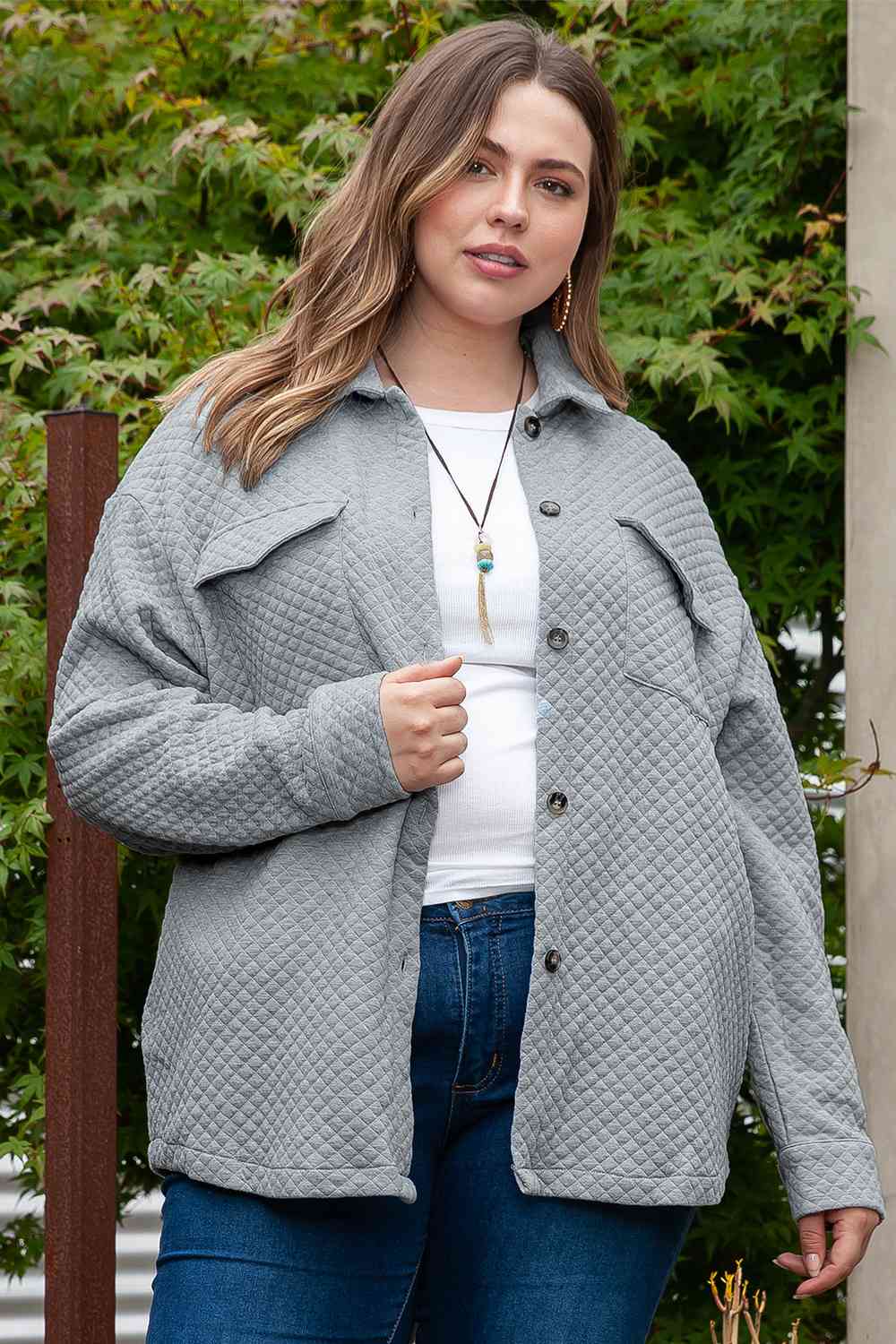 Plus Size Collared Neck Button Up Pocketed Jacket