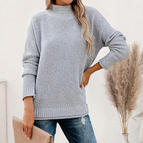 Mock Neck Dropped Shoulder Long Sleeve Sweater