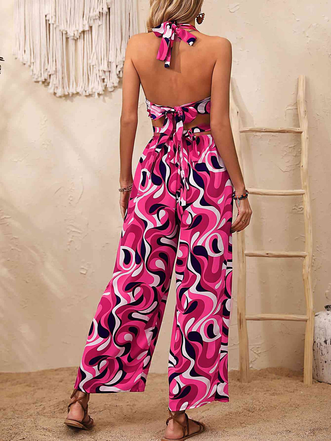 Abstract Print Halter Neck Cutout Wide Leg Jumpsuit