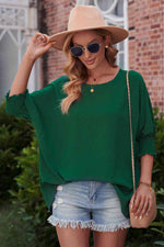 Round Neck Dolman Sleeve Textured Blouse