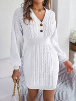 Buttoned Cable-Knit V-Neck Sweater Dress