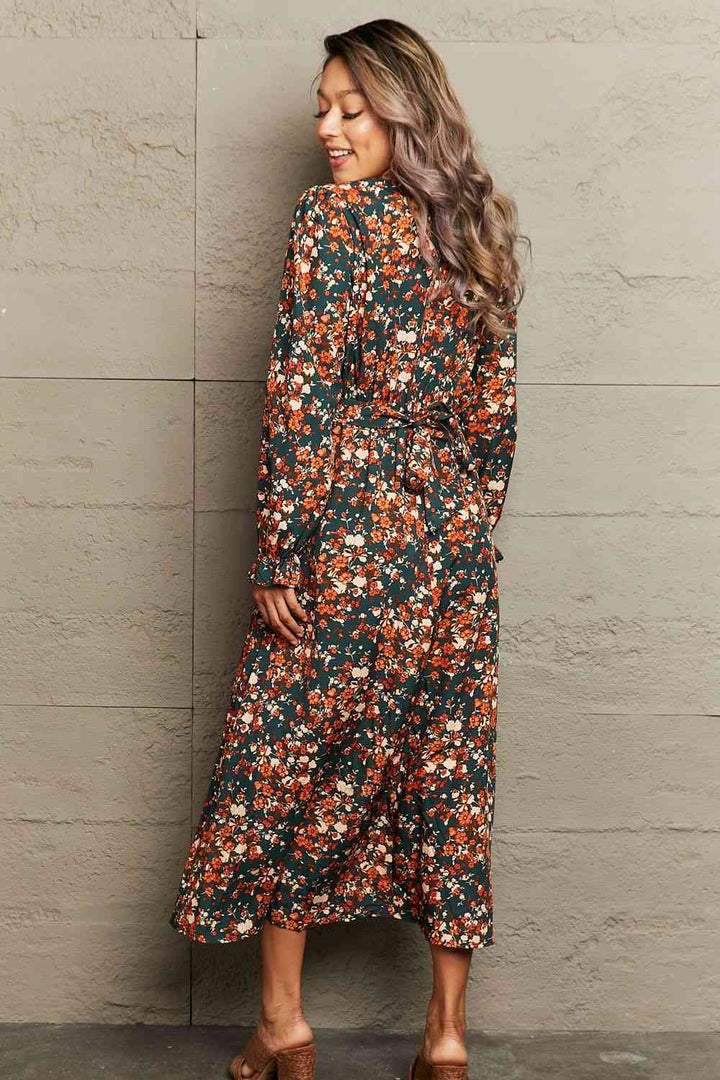 Printed Surplice Neck Long Sleeve Dress