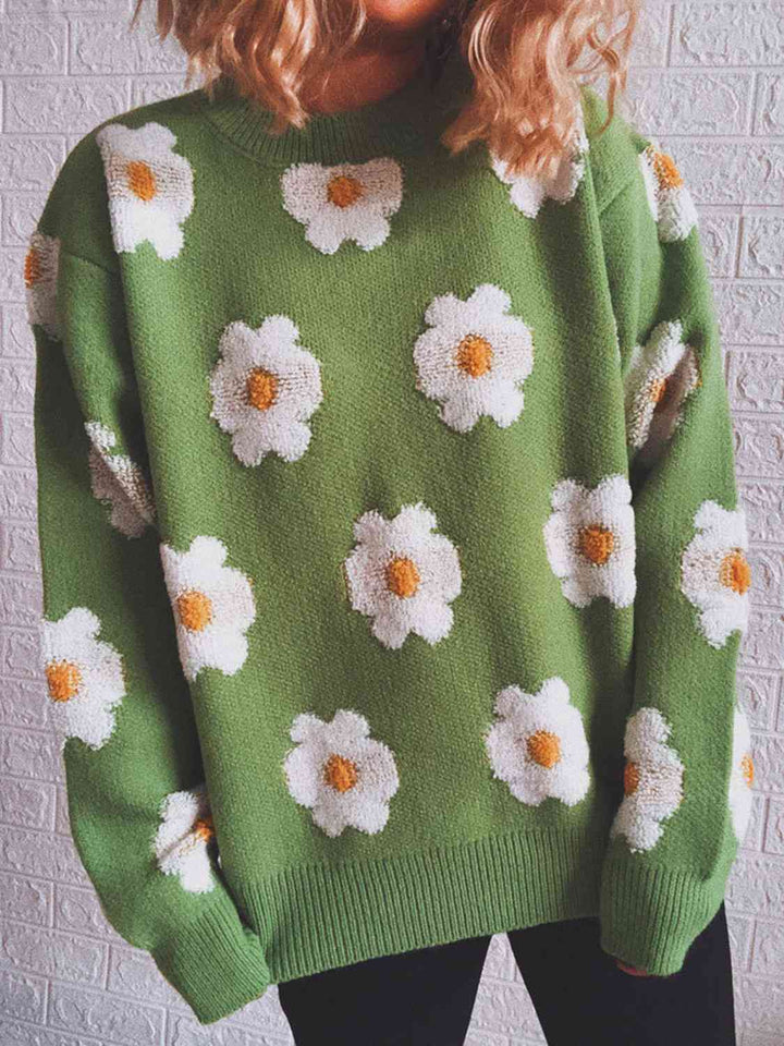 Flower Round Neck Long Sleeve Sweater