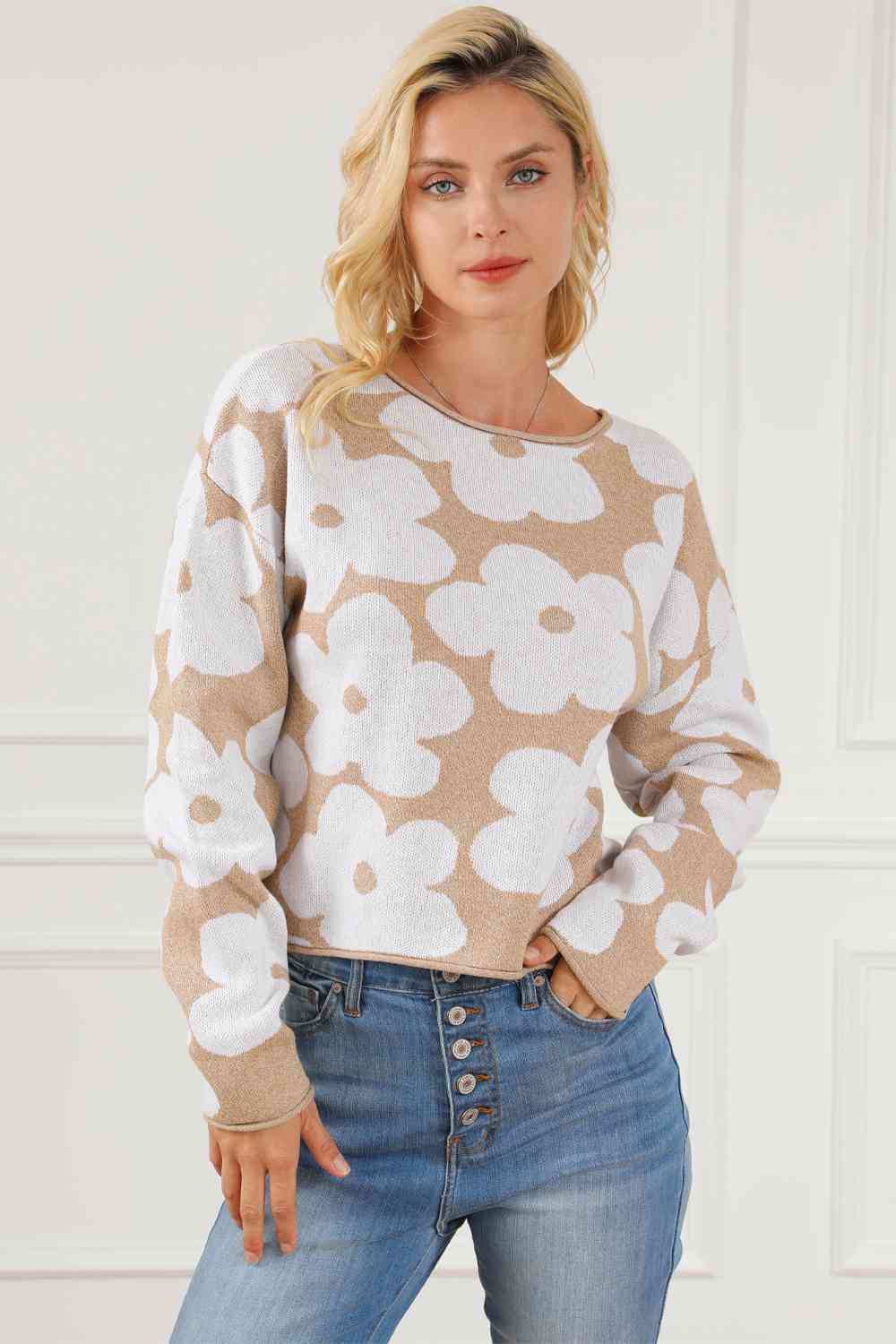 Floral Print Round Neck Drop Shoulder Sweater