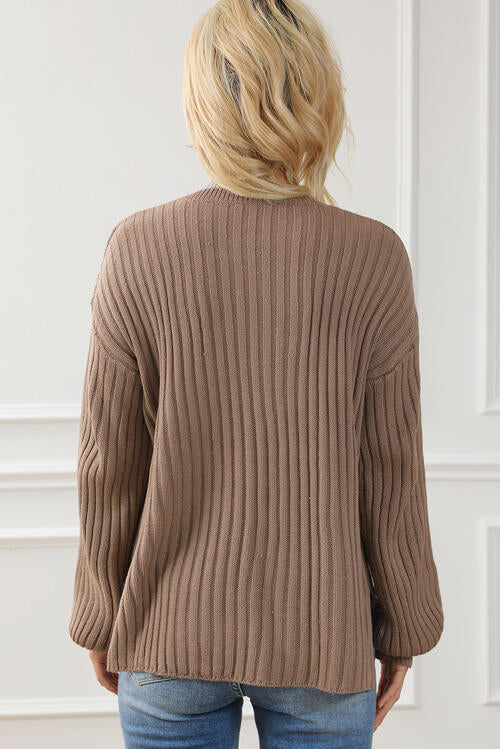 Ribbed Contrast Round Neck Slit Sweater