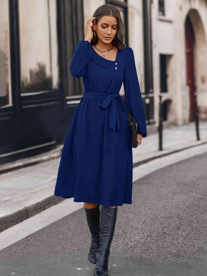 Buttoned Tie Front Long Sleeve Asymmetrical Neck Dress