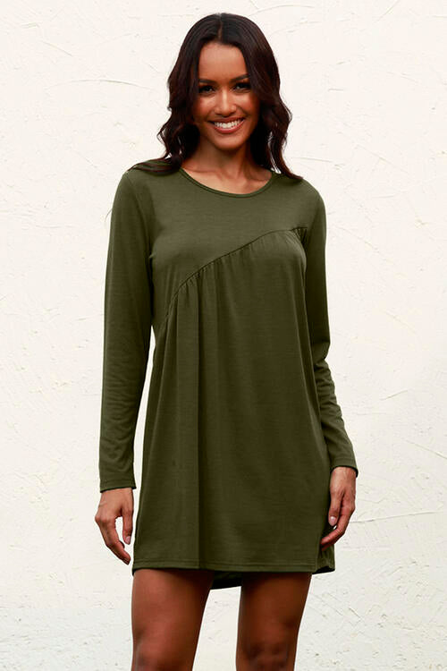 Ruched Round Neck Long Sleeve Dress