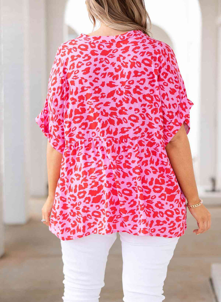 Plus Size Printed Notched Neck Half Sleeve Top