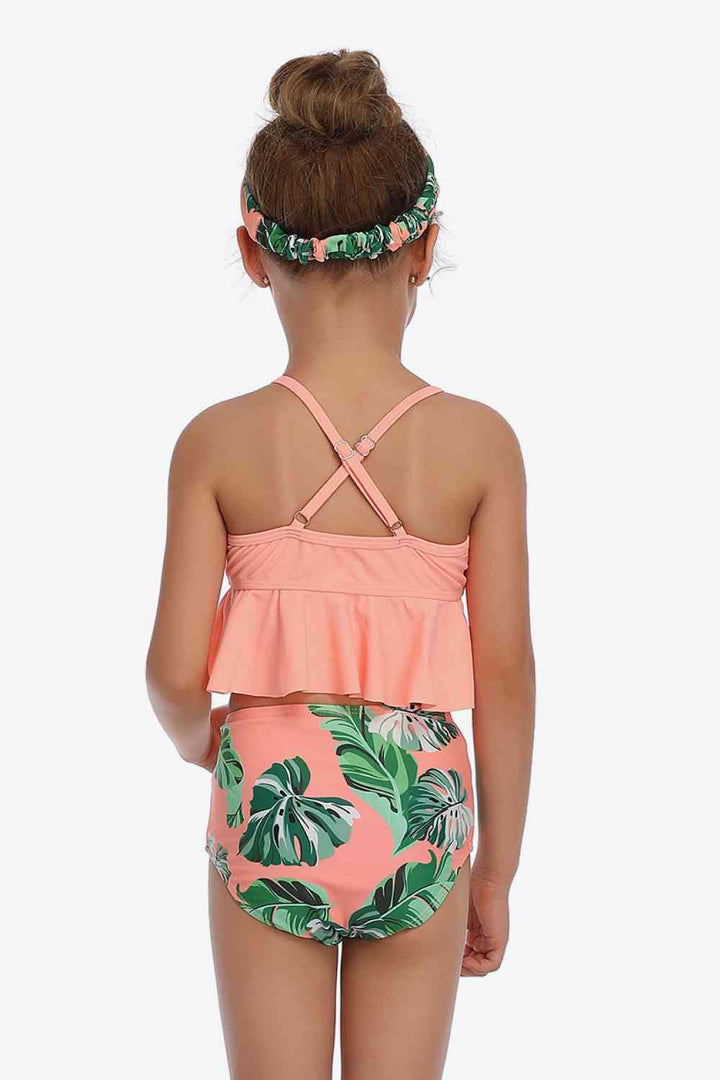 Botanical Print Crisscross Ruffled Two-Piece Swim Set