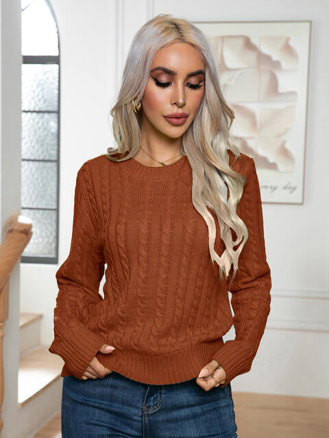 Cable-Knit Round Neck Long Sleeve Sweater