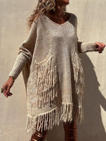 Fringe Detail Long Sleeve Sweater with Pockets