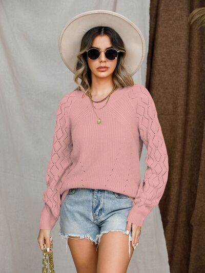 Openwork Round Neck Raglan Sleeve Sweater