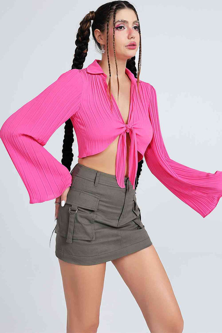 Tie Front Johnny Collar Flare Sleeve Cropped Top