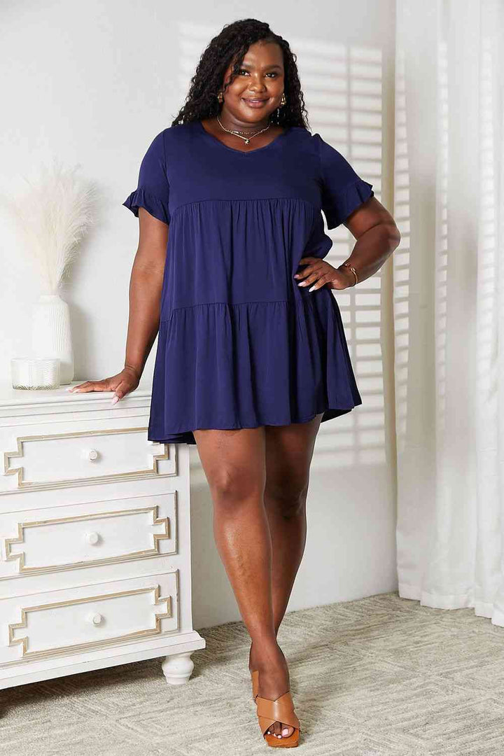 Double Take V-Neck Flounce Sleeve Tiered Dress