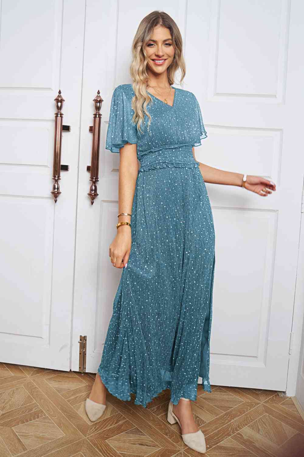 V-Neck High Slit Glitter Maxi Dress