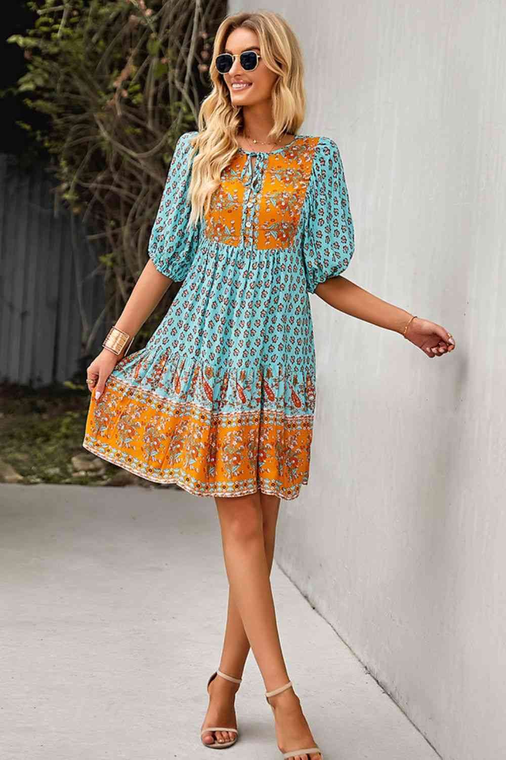 Bohemian Tie Neck Balloon Sleeve Dress