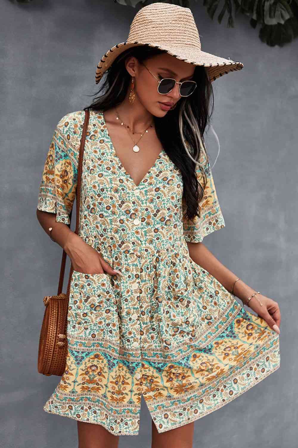 Bohemian V-Neck Half Sleeve Dress